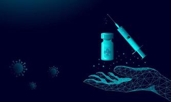 coronavirus vaccino e umano mano su un' buio sfondo nel Basso poli stile. il concetto di la creazione di un' medicinale, Salvataggio e proteggere umanità a partire dal il virus. vettore azione illustrazione.