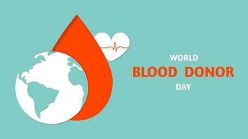 mondo sangue donatore giorno, pianeta terra, far cadere di sangue e cuore con cardiogramma, bandiera nel tagliare carta stile. vettore azione illustrazione.