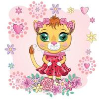cartone animato leonessa nel un' bellissimo vestito con fiocchi e fiori. ragazza carattere, selvaggio animale con umano tratti vettore