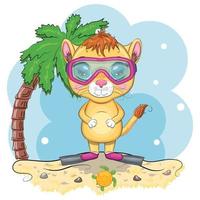 cartone animato Leone nel pinne, nuoto cerchio, cappello, occhiali. personaggio con bellissimo occhi, infantile. estate, vacanza vettore