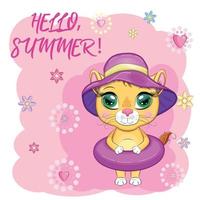 cartone animato Leone nel pinne, nuoto cerchio, cappello, occhiali. personaggio con bellissimo occhi, infantile. estate, vacanza vettore