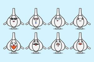 impostato kawaii aglio cartone animato diverso espressioni vettore
