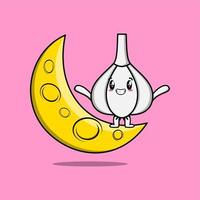 carino cartone animato aglio in piedi su il mezzaluna Luna vettore