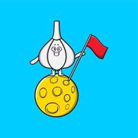 carino cartone animato aglio in piedi su il Luna con bandiera vettore