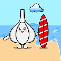carino cartone animato aglio personaggio giocando fare surf vettore