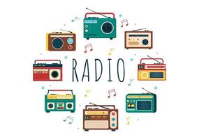 Radio giocatore per disco, parlare mostrare, interviste celebrità e ascoltando per musica nel modello mano disegnato cartone animato piatto stile illustrazione vettore