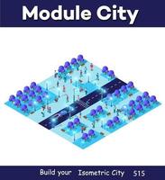 notte isometrico inteligente blu ultravioletto bloccare trimestre città a notte con luci. il cittadina di il futuro è un' futuristico 3d illustrazione. vettore