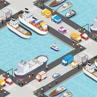 isometrico città industriale porta con trasporto barca e navale navi nautico trasporto su il mare per viaggio vacanza turismo 3d illustrazione. vettore