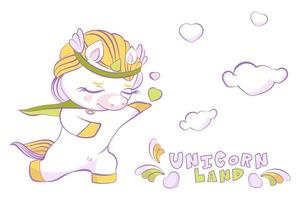 carino unicorno bianca Principe nel amore su uno ginocchio vettore