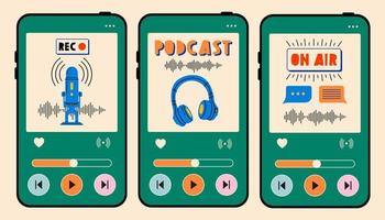 impostato di Telefono schermi con Audio e Podcast tema. Podcast registrazione e ascoltando, trasmissione, in linea Radio, Audio streaming servizio concetto. mano disegnato vettore isolato illustrazioni