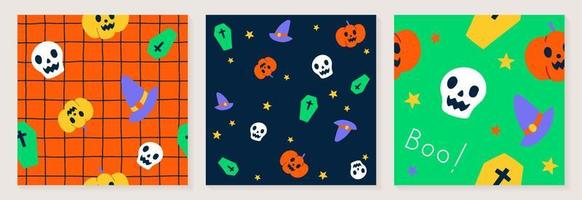 carino contento Halloween cartone animato griglia linea dai un'occhiata scacchi senza soluzione di continuità modello vettore sfondo fantasma, cranio, zucca, Jack o lanterna, pipistrello, ragno ragnatela, bara, strega cappello, fischio illustrazione impostato