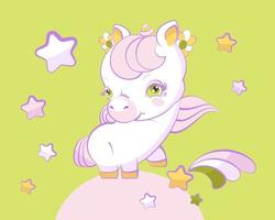 carino poco ragazza unicorno con rosa capelli vettore