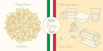 cucinando italiano cibo arco cravatta farfalle pasta, ingredienti e attrezzatura vettore