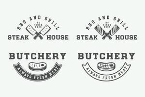 impostato di Vintage ▾ la macelleria carne, bistecca o bbq loghi, emblemi, distintivi, etichette. grafico arte. illustrazione vettore