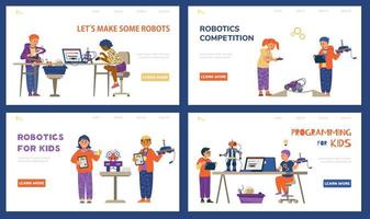 robotica per bambini vettore atterraggio pagina modello impostare. ragazzi e ragazze programmazione e ingegneria robot. assunzione parte nel robotica concorrenza.