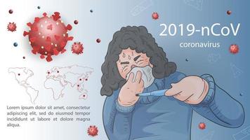 donna malata sul modello di banner focolaio di coronavirus vettore