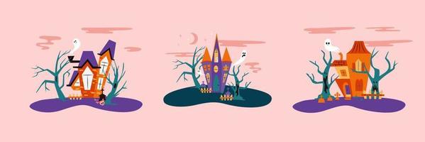 Halloween braccato case impostato vettore illustrazione con spaventoso alberi e fantasmi. collezione di pauroso case