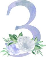 acquerello blu floreale numero - cifra 3 tre con fiori mazzo composizione. numero 3 con fiori e verdura vettore