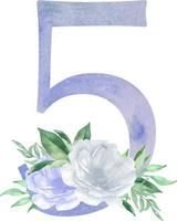 acquerello blu floreale numero - cifra 5 cinque con fiori mazzo composizione. numero 5 con fiori e verdura vettore