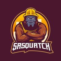 sasquatch portafortuna logo design illustrazione vettore. bigfoot indossa costruttore uniforme vettore