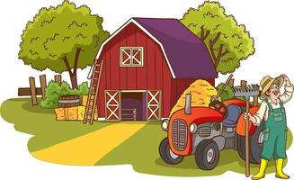 cartone animato vettore illustrazione di un' carino contadino in piedi nel davanti di il suo agriturismo.
