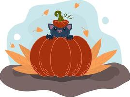 carino pipistrello seduta nel un' zucca, contento Halloween. autunno manifesto vettore illustrazione