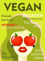 moderno di moda bandiera su il tema di vegetarianismo. mondo vegano giorno. salutare cibo. donna con mele vettore