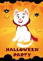arancia sfondo manifesto per Halloween bianca gatto con vampiro zanne vettore