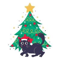 Natale carta, bandiera o manifesto modello con un' Natale albero e un' carino nero gatto a piedi vicino esso vettore