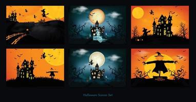 Halloween scene con il silhouette di un' castello un' raggiante Luna e morto alberi illustrazione. vettore