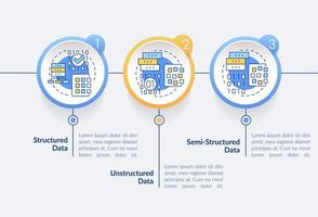 tipi di grande dati cerchio Infografica modello. Banca dati struttura. dati visualizzazione con 3 passi. processi sequenza temporale Informazioni grafico. flusso di lavoro disposizione con linea icone. vettore