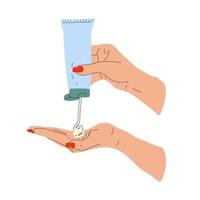 femmina mani con vaso di crema. donna l'applicazione trattamento lozione. mano disegnato vettore illustrazione