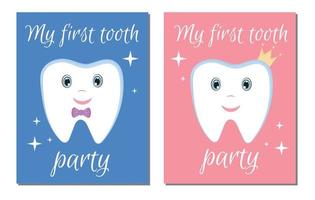 il invito per il primo dente festa per bambino ragazzo e bambino ragazza. carino infantile primo dente. può essere Usato per decorare un' figli di festa, manifesto, invito. vettore