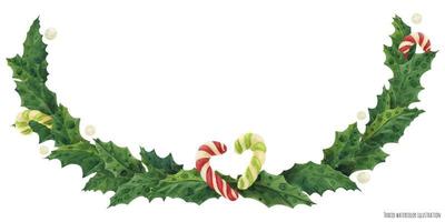 Natale agrifoglio ghirlanda con caramella canne, acquerello illustrazione vettore