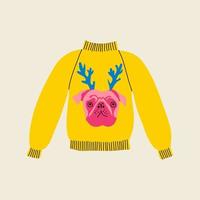 Natale brutto giallo inverno maglione nel piatto linea di moda stile, rosa cane, bulldog con verde corna costume. mano disegnato vacanza cartone animato colorato vettore illustrazione per natale festa. caldo a maglia Maglione.