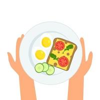 mani Tenere piatto con uova, Sandwich, pomodori, cetrioli, rucola su un' piatto per prima colazione o il pranzo. salutare cibo. vettore illustrazione isolato su un' bianca sfondo