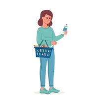 giovane donna acquirente consumatore cliente personaggio la scelta cibo prodotti nel supermercato Tenere bottiglia nel mano vettore