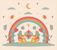 mistico illustrazione con donne, fiori, arcobaleno e mezzaluna Luna nel Groovy stile. vettore