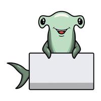 carino martello squalo cartone animato con vuoto cartello vettore
