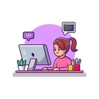 carino ragazza Lavorando su computer cartone animato vettore icona illustrazione. persone e tecnologia icona concetto isolato premio vettore. piatto cartone animato stile