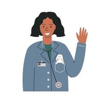 femmina infantile medico saluto. africano americano donna medico nel uniforme con ripieno giocattolo. pediatra giovane ragazza alunno nel tirocinio. medico personaggio piatto vettore illustrazione isolato su bianca