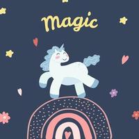 carino unicorno, arcobaleno e stelle nel cartone animato piatto stile. vettore illustrazione di bambino cavallo, pony animale nel tirchese colore per tessuto Stampa, abbigliamento, bambini tessile disegno, carta, asilo manifesto