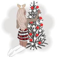 elegante ragazza con renna corna decora il Natale albero vettore illustrazione