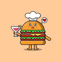 cartone animato hamburger capocuoco personaggio Tenere vino bicchiere vettore