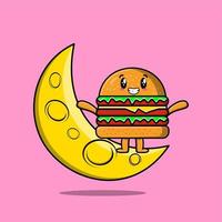 carino cartone animato hamburger in piedi su il mezzaluna Luna vettore