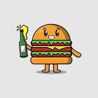 carino cartone animato personaggio hamburger con bibita bottiglia vettore