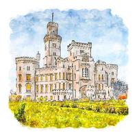 hluboka castello ceco repubblica acquerello schizzo mano disegnato illustrazione vettore