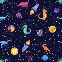 dino nel spazio senza soluzione di continuità modello. carino Drago personaggi, dinosauro in viaggio galassia con stelle, pianeti. bambini cartone animato sfondo. illustrazione di astronauta Drago, bambini involucro con cosmico dino vettore