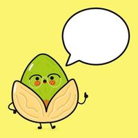 carino divertente pistacchio con discorso bolla. vettore mano disegnato cartone animato kawaii personaggio illustrazione icona. isolato su giallo sfondo. pistacchio personaggio concetto