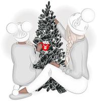 madre e figlia Natale vicino il Natale albero, moda vettore illustrazione
